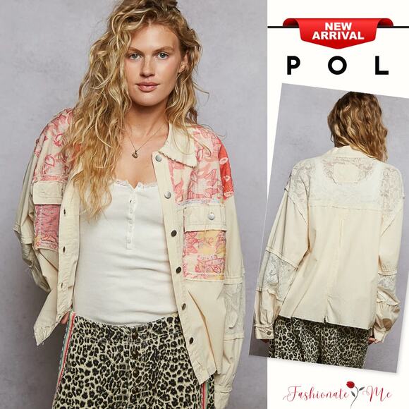 POL Lace Details Printed Woven Mix Raw Hem Pockets Buttoned Denim Jacket | Cream - Picture 1 of 5